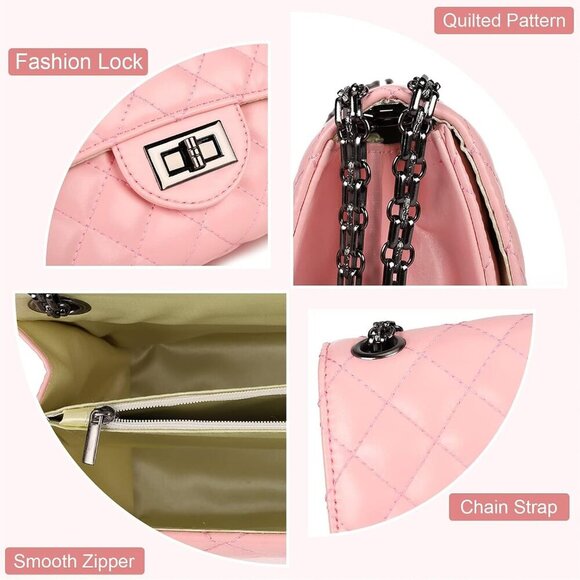 Women Pink Imported Trendy Quilted Crossbody Shoulder Chain Designer Bag - Picture 5 of 6